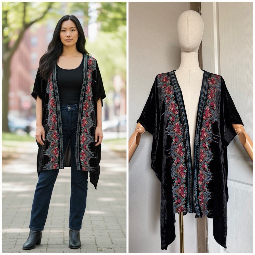 ANDREE By Unit Crushed Velvet Black Embroidered Open-Front Kimono- Size S/M